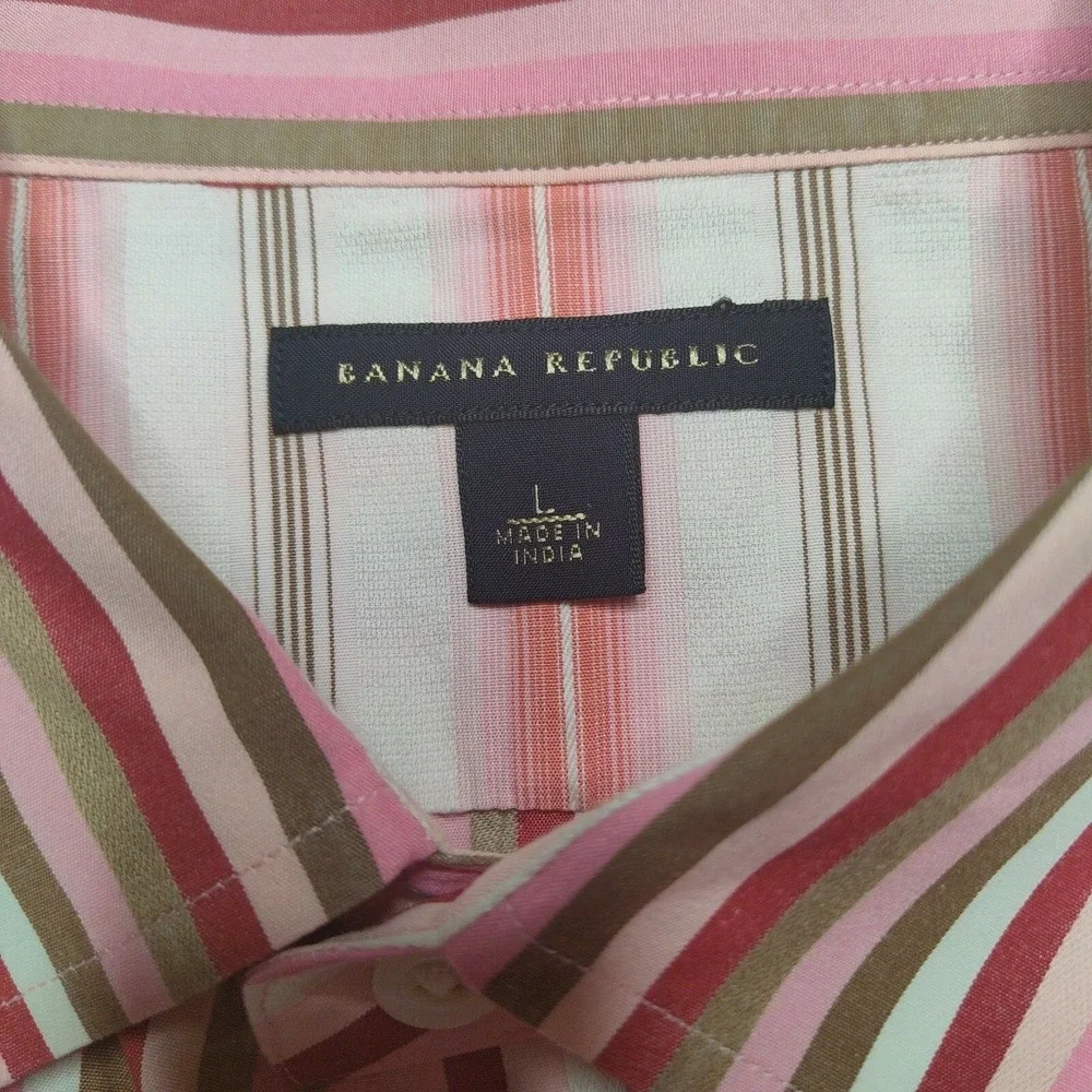 VTG Banana Republic Men Large Pink Striped Flip Cuff Cotton Button‎ Shirt